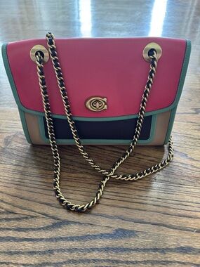 Coach Parker Colorblock Leather Shoulder Bag Chain Strap Pink Green Multi